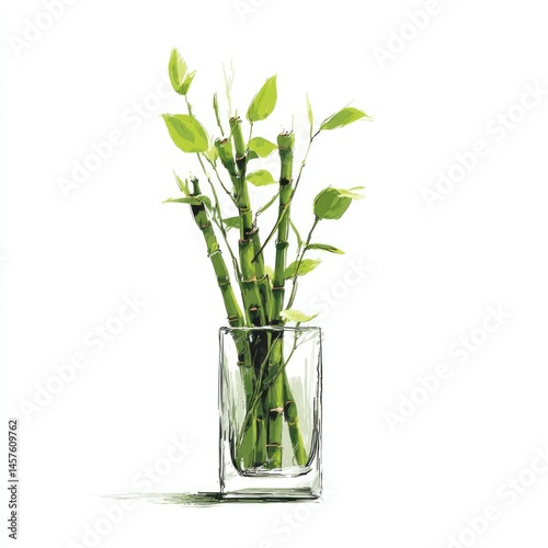 Wallpaper Mural Vibrant Green Bamboo Shoots in Glass Vase, Simple Botanical Illustration Torontodigital.ca