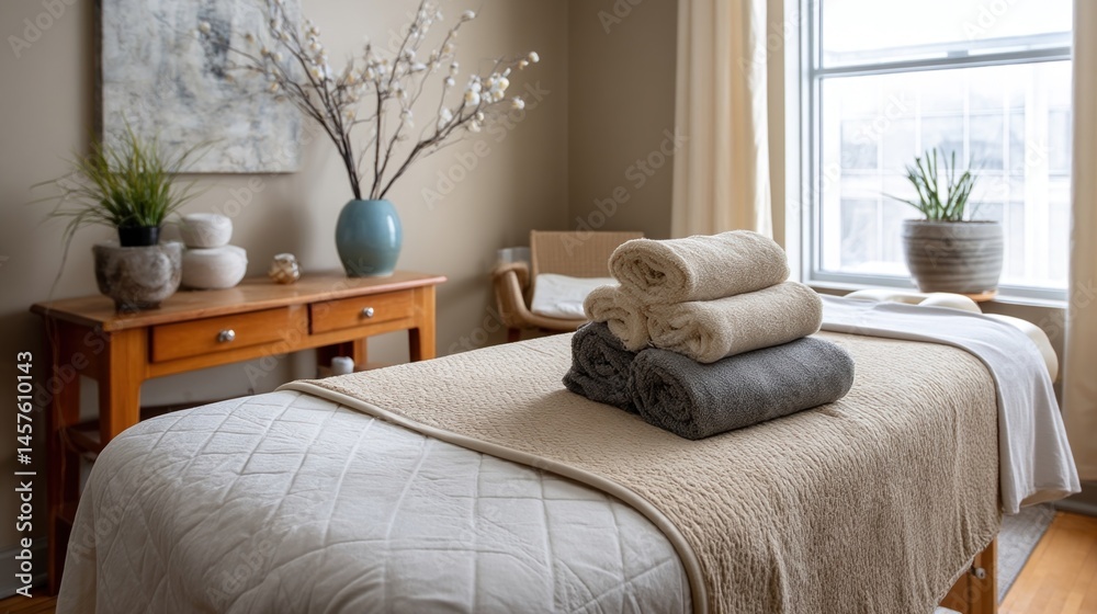 A neatly arranged massage corner with a massage table draped in soft linens surrounded by calming decor and a stack of fluffy towels.
