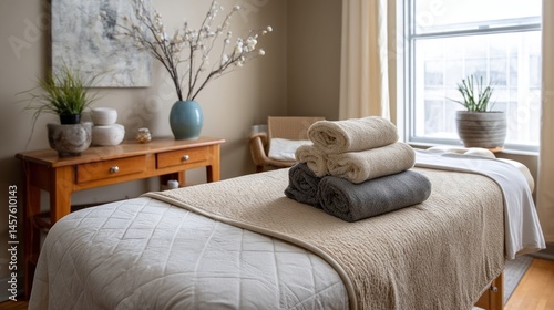 Obraz na płótnie A neatly arranged massage corner with a massage table draped in soft linens surrounded by calming decor and a stack of fluffy towels. w salonie