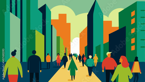 Crowded Streets An showing a bustling street packed with pedestrians some looking stressed or frustrated with tall buildings flanking either side and limited green