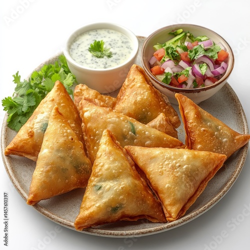 stuffed Arabian samosas crispy golden pastry filled with spiced minced meat served with yogurt dipping sauce rich textures soft diffused lighting clean white backdrop 