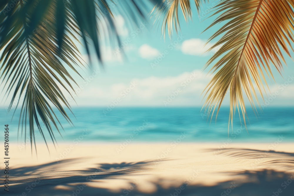Fototapeta premium Tropical beach background with palm leaves and sand, blurred sea view. Summer vacation concept banner.