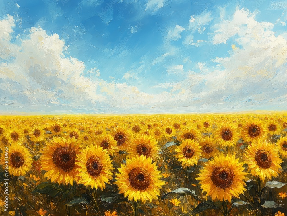 Fototapeta premium Sunlit sunflower field stretching to the horizon, clear blue sky with wispy clouds, bright and cheerful summer scene, high contrast realism, warm golden tones