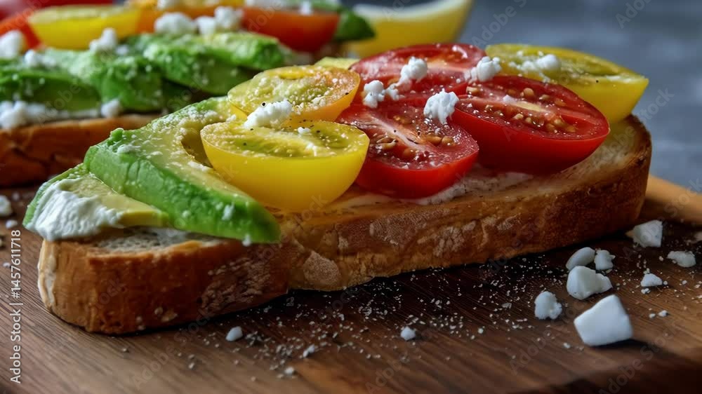 Close-up of colorful tomato and avocado toasts with white cheese on toasted bread slices served on a wooden board for a healthy breakfast. Close-up of colorful tomato and avocado toasts with white cheese on toasted bread slices served on a wooden board for a healthy breakfast.