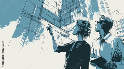 Architectural Sketch: Two Professionals Discussing Modern Building Design