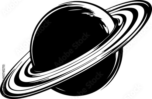 Black and White Illustration of Saturn with Rings  
