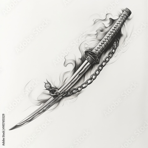 katana, draw, asian, cut, Japan, smoke, black and white, chain, weapon