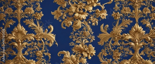 Intricate gold floral damask, royal blue background, textile, seamless, interior