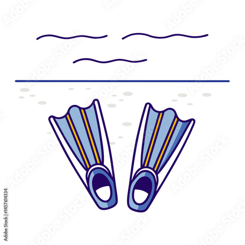 pair of cartoon diving fins underwater with water surface and bubbles above, flat blue vector illustration of swim gear, isolated on white background