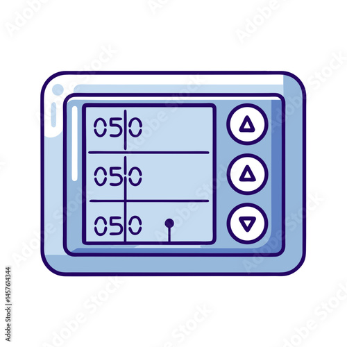 cartoon scuba diving computer display with buttons and numeric readout, blue tones, flat vector illustration of dive gear, isolated on white background