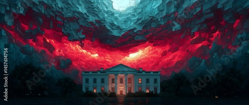 Digital painting of the White House under swirling red and blue storm clouds forming a tunnel-like vortex toward a glowing center