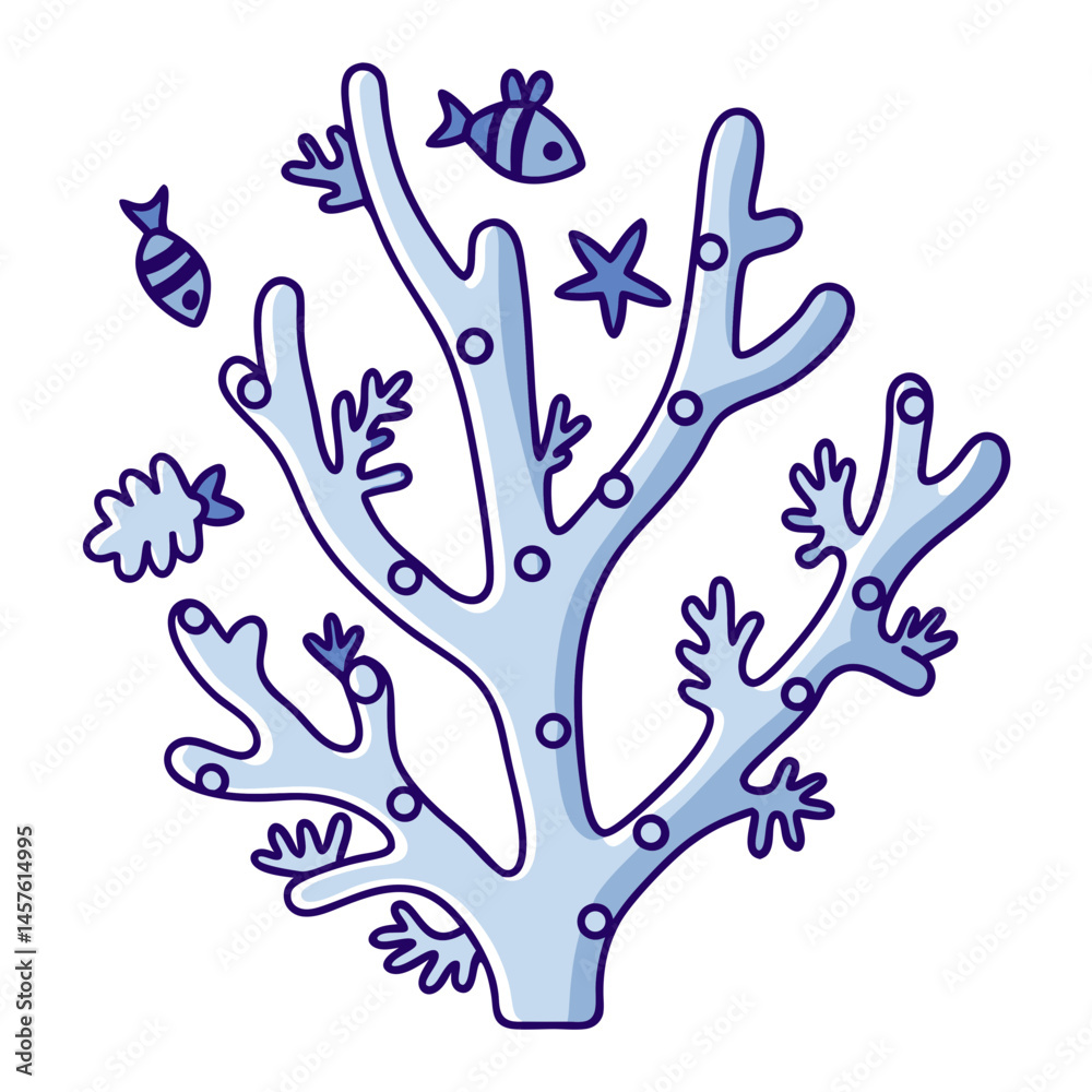 Obraz premium cartoon coral reef illustration with fish and starfish in blue tones, stylized underwater ecosystem, flat vector design on white background