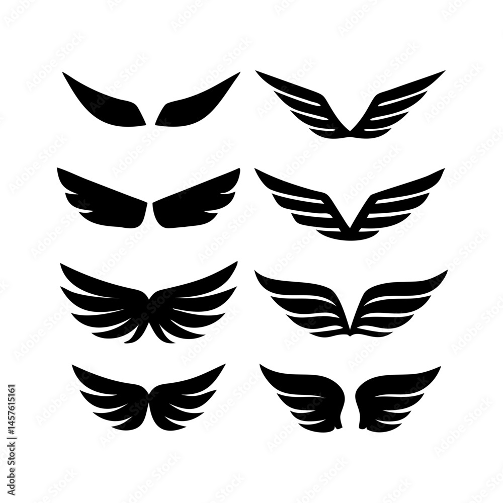 Obraz premium Black wings icon set. Wings icons. Collection badges of wings. Vector illustration. Set of wings icons. Collection wings badges. Vector illustration. Silhouette Vector Black. with white background 