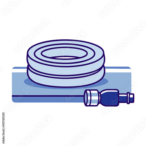 coiled garden hose with connector lying on flat surface, blue line art style, plumbing or irrigation tool, isolated on white background
