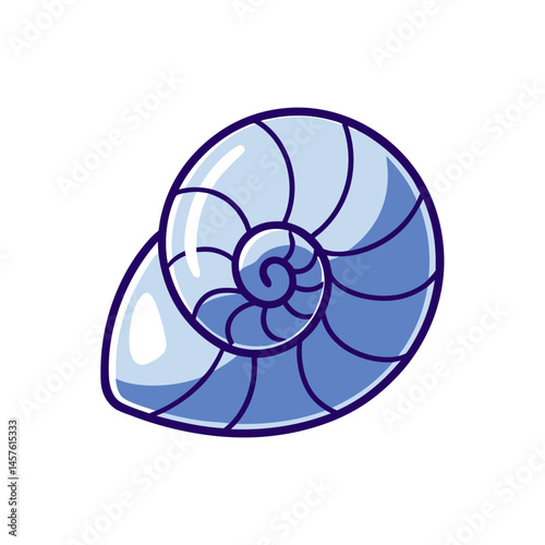 spiral seashell illustration in blue tones with shiny highlights, stylized flat vector marine shell isolated on white background, cartoon design