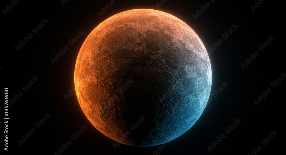 Naklejka premium Dramatic Planet with Orange and Blue Glow in Dark Space Scene