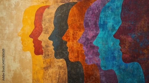 Diverse human profiles in various colors, textured background