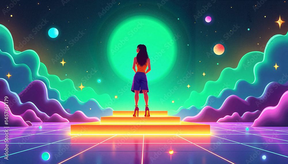Abstract Digital illustration of a woman looking at a vibrant galaxy background