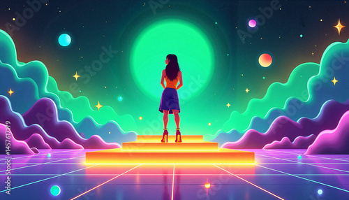 Obraz na płótnie Abstract Digital illustration of a woman looking at a vibrant galaxy background w salonie