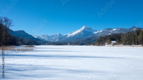 雪原と山々に囲まれた冬の静寂な湖