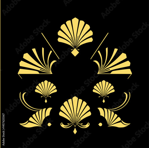 Art Deco Vector Elements Gold Linework on Black Background,Luxury Design