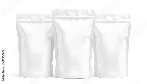 White blank foil food doy pack stand up pouch bag packaging with zipper, mockup template on isolated white background, 3d illustration, vector style. isolated with white highlights
