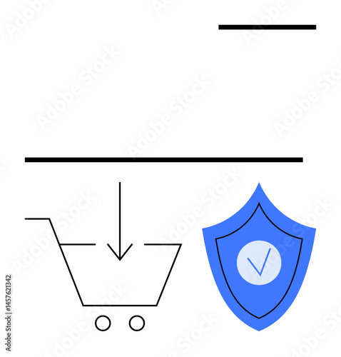 Shopping cart icon with download arrow, shield with checkmark symbolizing secure payment, data safety, and customer confidence. Ideal for e-commerce, cybersecurity, shopping, online services, digital