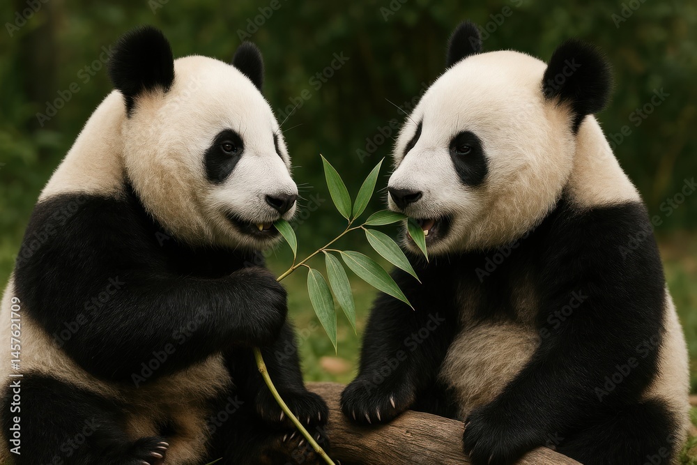 Fototapeta premium Playful pandas sharing bamboo joyfully.