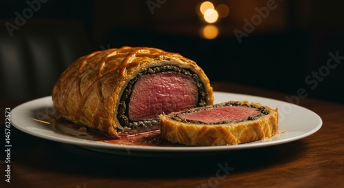 Beef Wellington Cut Open Showing Rare Center and Puff Pastry
