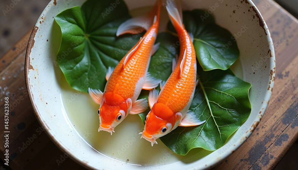 Two Koi Fish Swimming Together in a Bowl with Green Leaves for National Pet Day