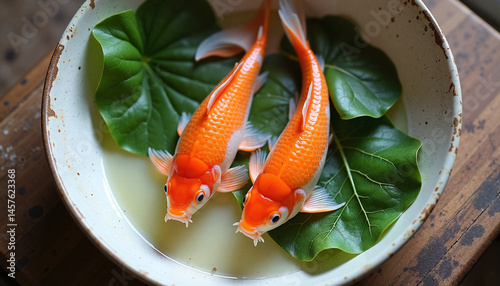 Two Koi Fish Swimming Together in a Bowl with Green Leaves for National Pet Day  
