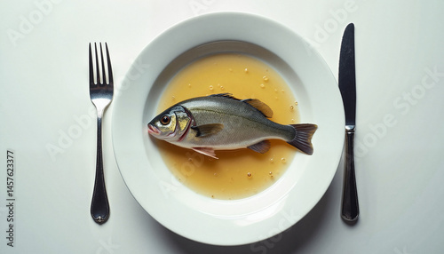 Obraz na płótnie Fish in bowl for National Pet Day with a fork and knife on a plate w salonie