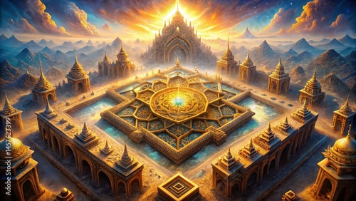 Aerial View of Sacred Zigzag Geometry, Ornate Religious Architecture, Spiritual Landscape