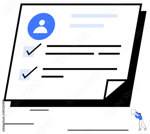 Profile icon with checkmarks on a document representing progress and tasks. Includes miniature worker with clipboard. Ideal for productivity, organization, profile creation, task management, goal