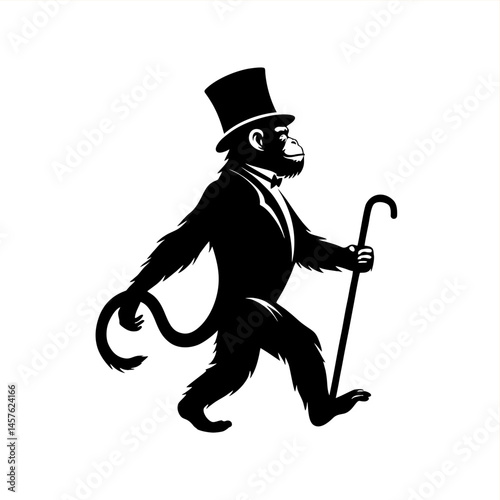 funny cute monkey chimp wearing tuxedo and top hat walking