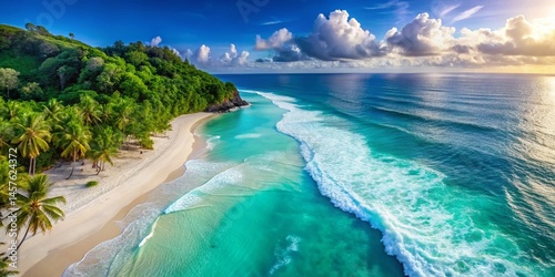 Aerial View of Turquoise Waves Crashing on White Sand Beach - Tropical Paradise