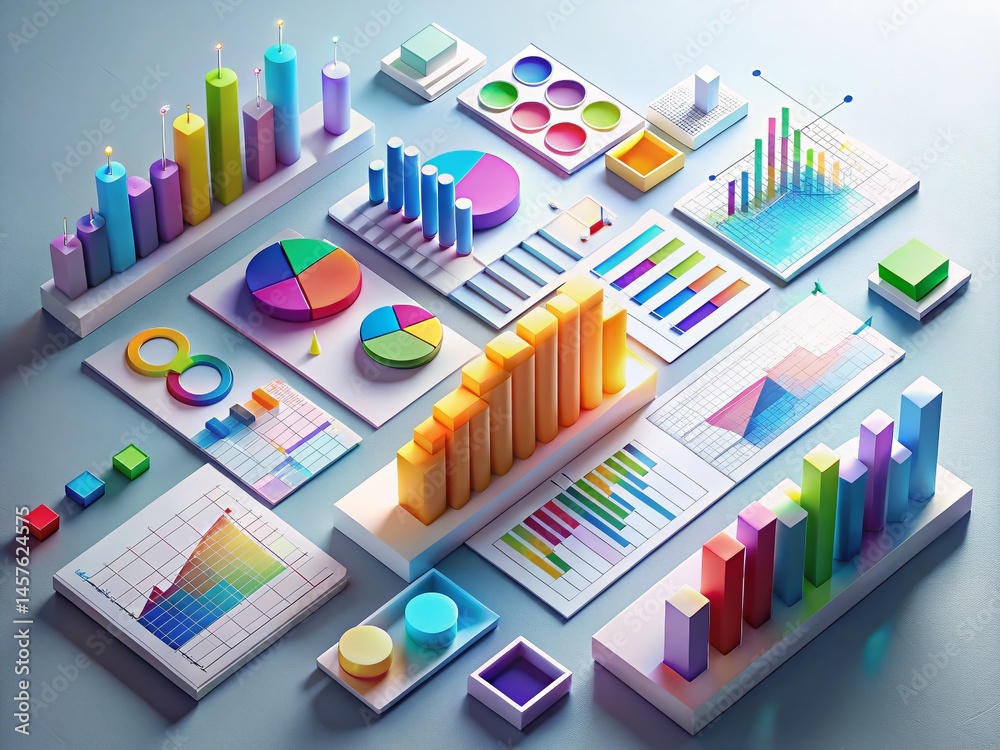 Aerial View of Vibrant Business Data Visualization Charts & Graphs on Neutral Background Aerial View of Vibrant Business Data Visualization Charts & Graphs on Neutral Background