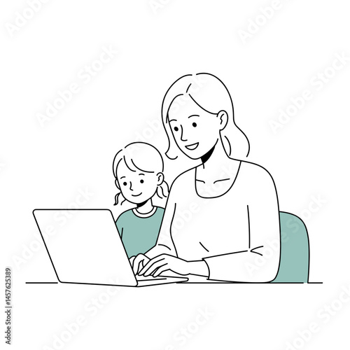 Mom smiling at laptop with child in home office setting – Work-Life Balance, Remote Work, Family Life, Motherhood Concept for Blogs, Websites, Articles, Social Media