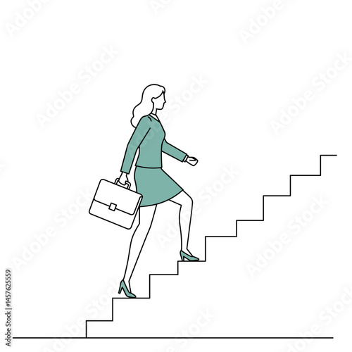 Corporate woman walking stairs, focused and determined against a minimalistic background – Ambition, Career Progression, Success for Business, Corporate Use, Articles, Presentations