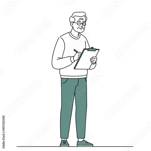 Elderly man with clipboard assessing information in minimalistic style – Assessment, Analysis, Expertise, Senior Professional for Business, Finance, Consulting, Corporate Use