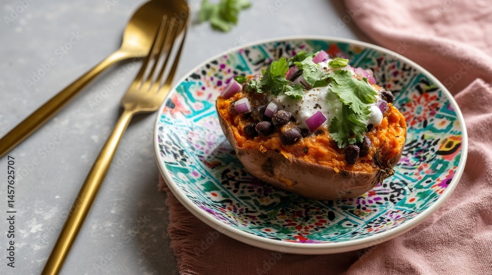 A baked sweet potato stuffed with black beans diced red onion and cilantro topped with a dollop of Greek yogurt and served on a colorful ceramic plate.