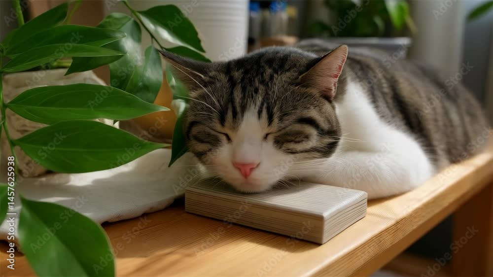 Relaxed tabby cat peacefully napping on wooden table with green potted plants in bright indoor setting enjoying the sunshine