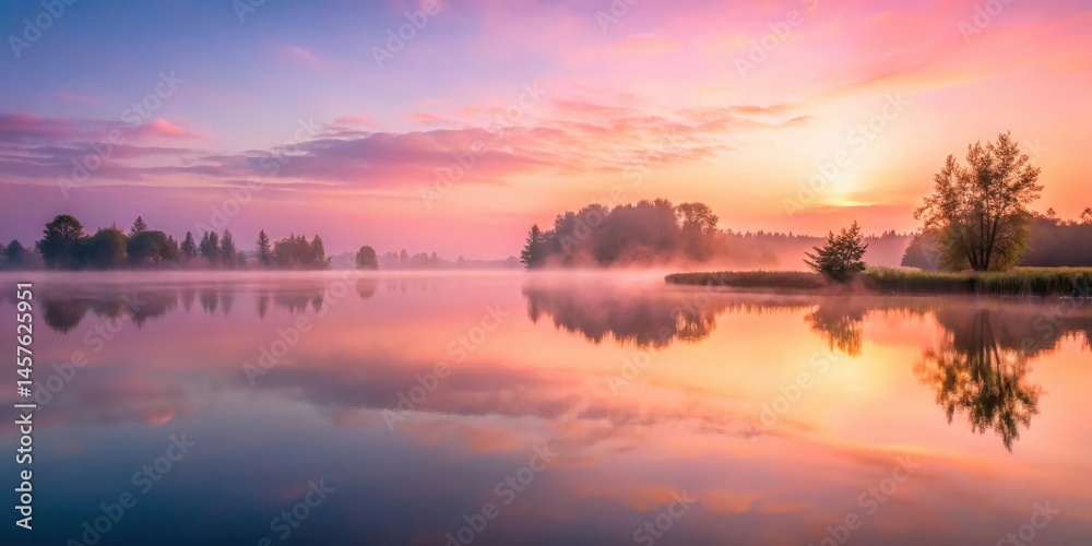 Obraz premium Misty pink sunrise casting a tranquil glow over a serene lake
