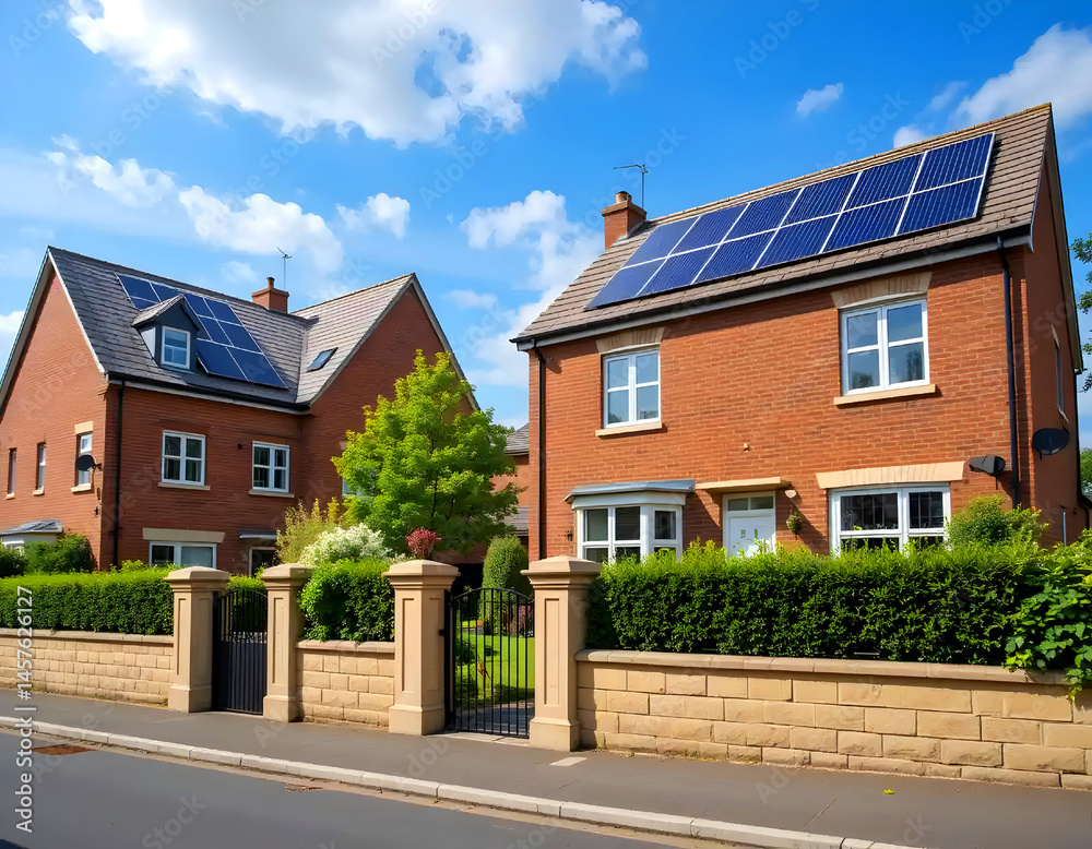 Naklejka premium UK brick home estate with solar panels.