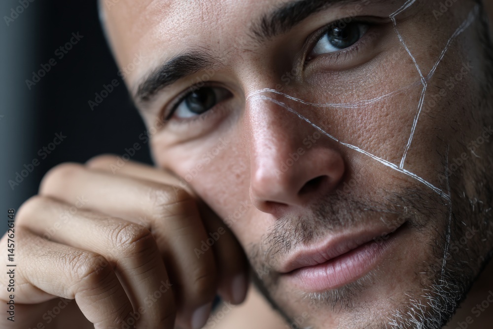 Obraz premium An intimate close-up of a man's face with distinct lines and textures, prompting a reflection on life experiences, resilience, and the intricacies of human emotion.