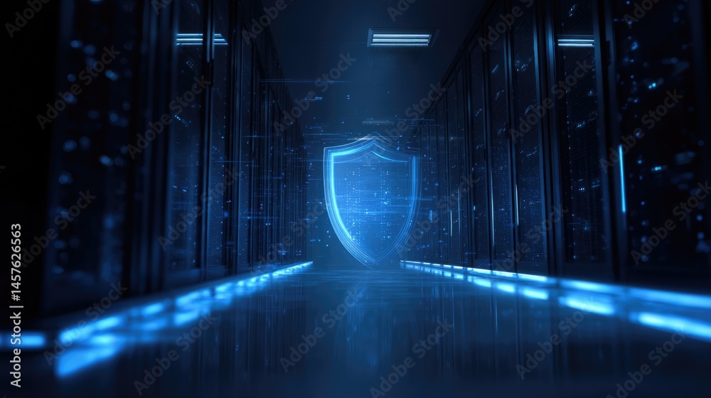 Fototapeta premium Cybersecurity: Digital Shield in Server Room Corridor