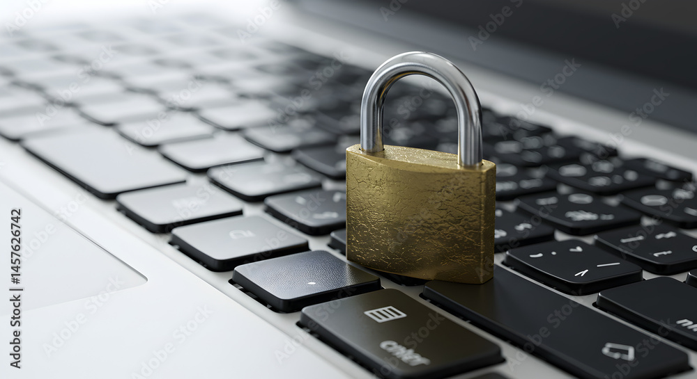 Brass Padlock Symbolizing Data Protection on a Silver Laptop Keyboard in a Modern Cyber Security Setting Brass Padlock Symbolizing Data Protection on a Silver Laptop Keyboard in a Modern Cyber Security Setting