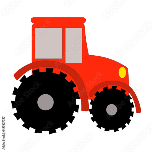 Red tractor vehicle. Farming machine shape. Agricultural transport symbol. Vector machinery object.