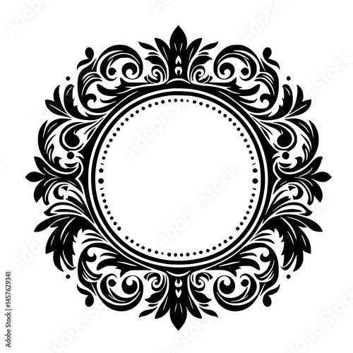 Ornate Black & White Circular Frame: Elegant Vintage Design