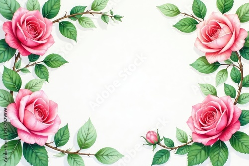 Delicate watercolor roses, climbing vines, lush green leaves, vintage, nature